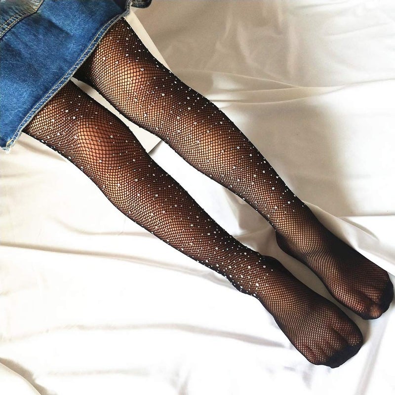 Looching Little Girls Thin Rhinestone Fishnet Sparkle Tights Toddler Kids Glitter Stockings Footed Net Leggings Pantyhose(Black,1-3T) - Image 5